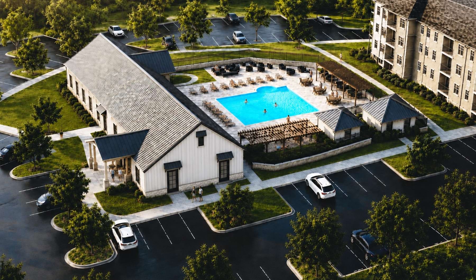 an aerial view of 5th Oak's swimming pool